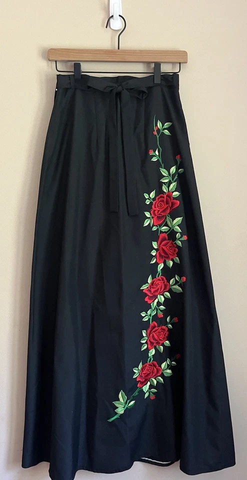 Vintage Maxi Skirt Wrap Black Red Rose Embroidered 60s 70s Small 4 6 - Image 1 of 4