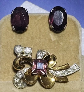 Art Deco inspirierte Ohrringe Sterlingsilber lila Glas Schraubverschluss + Brosche - Bild 1 von 13