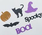 12x Halloween Glitter Flat Cupcake Biscuit Toppers Pumpkin Bat Witches Hat Boo