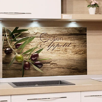 Cuisinière en verre anti-éclaboussures cuisine bon appétit méditerranéen aspect bois paroi arrière de cuisine - Photo 1/4