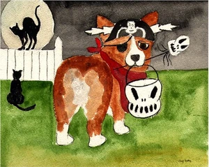 OrIgInAl FoLk ART HallOwEEn NiGhT CoRgI DoGs PiRaTe PuMpKiN CaTs MooN 2 PRINTs - Picture 1 of 8