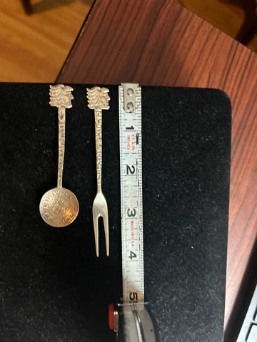 Antique Sterling Silver Aztec Miniature Fork & Spoon W/Calendar Bowl Hallmarked Cover