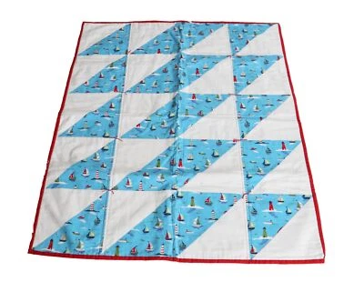Vintage Handmade Baby Crib Blanket Sailboats Flannel Cotton Lighthouse - Image 1 of 4