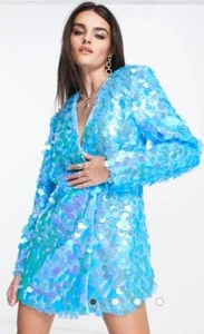 NUEVO CON ETIQUETAS ASOS Amylynn Azul Lentejuelas L/S Blazer Mini Vestido Talla M Festival - Imagen 1 de 5