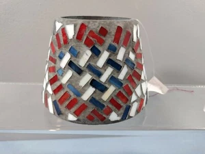 NEW HOME INTERIORS DECORATIVE MOSAIC RED WHITE BLUE GLASS JAR CANDLE TOPPER USA - Picture 1 of 8