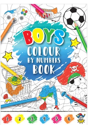 2 BOYS COLOUR BY NUMBERS BOOKS - COLOURING - football,pirates,gaming,superheroes - Image 1 of 2