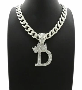 Hip Hop Iced Initial Letter D Pendant & 11mm 20" Cuban Choker Chain Necklace - Picture 1 of 13