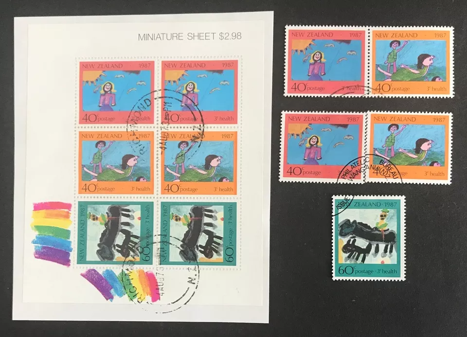 New Zealand 1987 "Kite, Swimming & Horse" FDI Mini Sheet + 5 Used Stamps - Image 1 of 1
