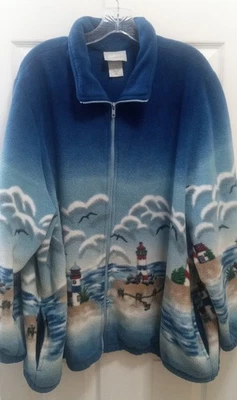 Vintage Blair Womens Lighthouse Beach Scene Graphic Nature Fleece Sz 3XL Zip 90s - Image 1 of 4