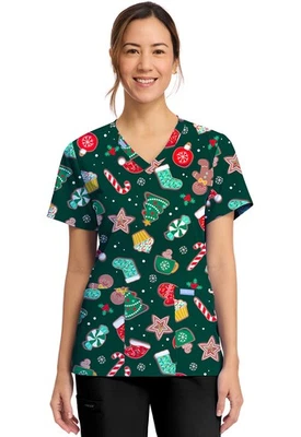 Waiting For Santa Cherokee Scrubs Christmas V Neck Top CK856 WFSA - Image 1 of 4