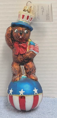 VTG Christopher Radko "Teddy for President" Patriotic Bear Uncle Sam Glass Orny - Image 1 of 4