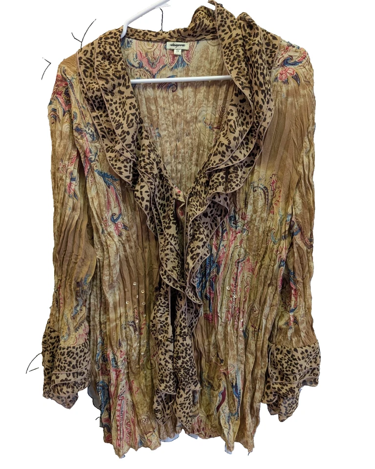 Agora Cheetah Paisley Art Top Shirt Long Sleeve Whimsigoth Fairy 3X Crinkle Boho - Image 1 of 4
