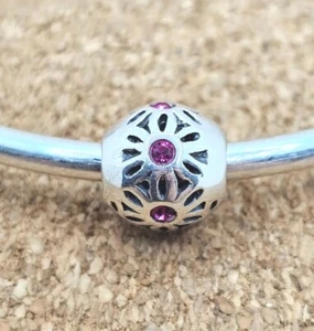 Authentic 925 Sterling Silver Daisy Pink Swarovski Crystal Charm Bead - Picture 1 of 4