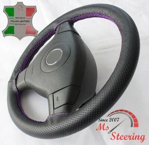 FOR RELIANT ROBIN MK 3 2006+- BLACK PERF LEATHER STEERING WHEEL COVER PURPLE STI - Picture 1 of 6