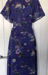 Oasis Fitzwilliam Purple Blue Floral Butterflies Birds Midi Dress 12 Exc Cond - Picture 1 of 14