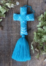 Hand Embroidered Cross Turquoise & White Mayan Chiapas Mexican Folk Art Crucifix