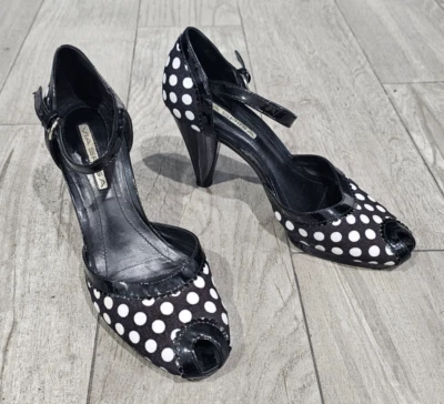 VIA SPIGA Black White Polka Dot Peep Toe Pin Up Rockabilly Ankle Strap Heels 7M - Image 1 of 4