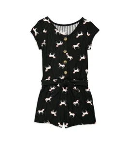 NWT Girls 6X Short Sleeve Button Tie Waist Romper UNICORN Black Short Set - Picture 1 of 2