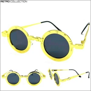 Men's Classic RETRO Cyber STEAMPUNK SUNGLASSES Round Gold Metal Frame Dark Lens - Picture 1 of 8