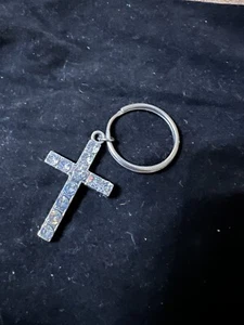 Silver Tone Mini Cross Keychain Dimensional Imprint Rhinestones 1”x1.5” - Picture 1 of 3
