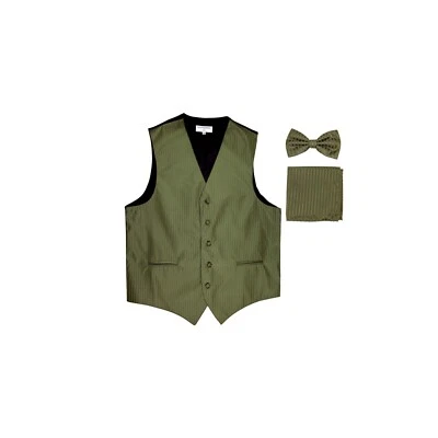 New Men's Tuxedo Vest Vertical Stripes Bowtie Hankie set prom party Olive Green - Image 1 of 4
