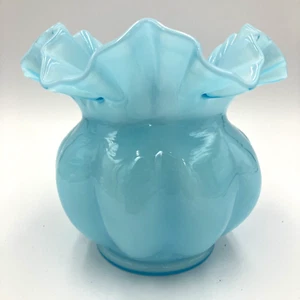Fenton Glass Rose Bowl Baby Blue Overlay Melon Ruffle Edge Ribbed 5.5 h x 6.25 w - Picture 1 of 7