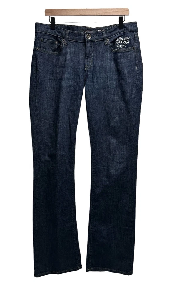 Jeans acampanados Ed Hardy Y2K para mujer talla 32 tiro súper bajo denim oscuro lavado deletreado Foto 1 de 4