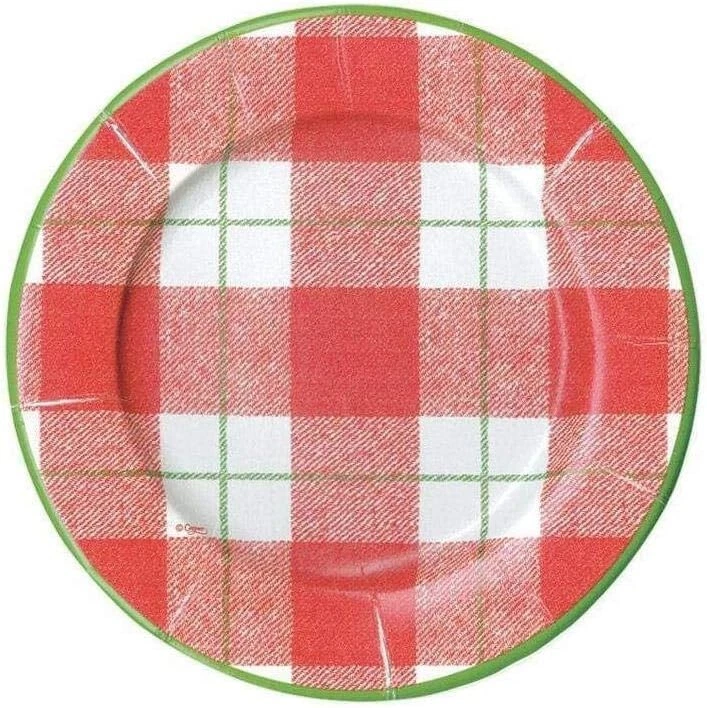 Caspari Round Paper Salad/Dessert Plates, Plaid Check Red - 2 Packs (14800SP) - Image 1 of 1