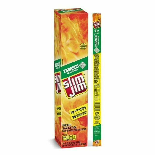 Slim Jim Giant Smoked Snack Sticks Meaty Flavor Tabasco Keto Friendly - 24 Pack