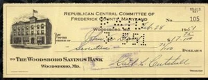 1951 Frederick County Maryland Republican Committee Check 100% Authentic  #105 - Imagen 1 de 2