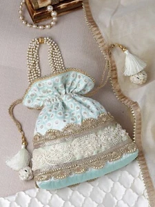 Elegant Embroidered & Embellished Faux Silk Potli Bag, Bridesmaids Potli bag - Picture 1 of 9