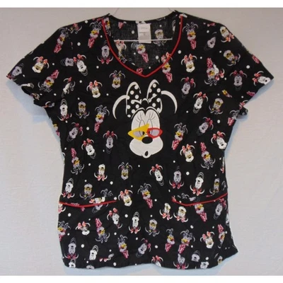 Blusa Médica Mujer Mediana Disney Minnie Mouse 2 Bolsillos Negro Rojo Dibujos Animados Enfermera Foto 1 de 4