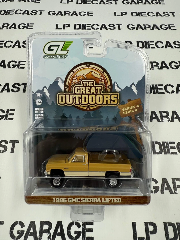 GREENLIGHT 1986 GMC Sierra Yellow w/ Tent 1:64 Diecast Great Outdoors - Image 1 of 1
