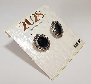 2028 Silver Tone Black Crystal Oval Stud Earrings Vintage Inspired Beaded Frame - Picture 1 of 4