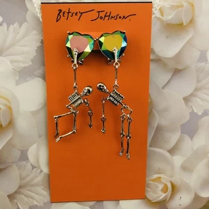 Auth. Betsey Johnson Dancing Skeletons Earrings, Aurora Borealis Hearts, NWT - Picture 1 of 13