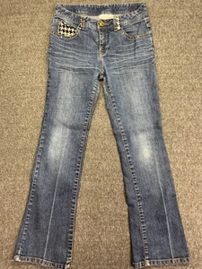 Disney Jeans Girls 14 Blue Black White Houndstooth Gold Embroidered Flare - Picture 1 of 11