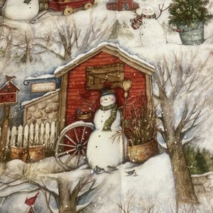 Tela de Navidad Susan Winget Holiday Barn muñeco de nieve algodón cuarto de grasa 18”x22 nuevo - Imagen 1 de 3