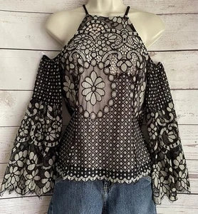 Venus Lace Top sz 6 Black Halter Cold Shoulder Lined Floral - Picture 1 of 8