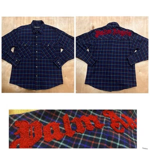 Palm Angels Size Large Plaid Flannel Long Sleeve Shirt Embroidered Fuzzy Logo - Picture 1 of 14