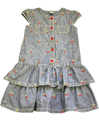 🍒 Gymboree Girls 7 Chambray Cherry Embroidered Tiered Dress - Image 1 of 4