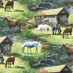 Sweetwater Bridge Horse Scene Sewing Quilting Cotton Fabric 1/2 Yard - Picture 1 of 4