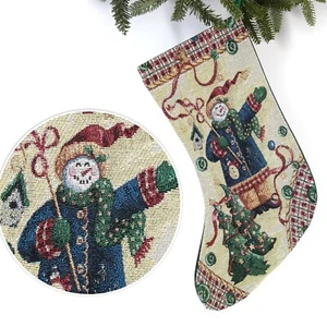 Tapestry Fabric Christmas Stocking Snowman Xmas Trees Plaid Cottage Country 8x21 - Picture 1 of 8