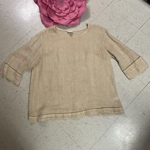 PURE JILL LINEN Sz Large Airy Open Weave Sheer 3/4 Sleeve Tunic Top Crochet Trim - Picture 1 of 11