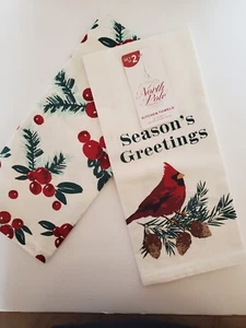 North Pole Trading Co Christmas Kitchen Towels Cardinal Holly Berry Set of 2 NEW - Picture 1 of 6