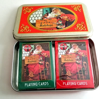 Coca Cola Christmas 1998 Playing Cards Advertising Nastalgia Tin 2 Decks Sealed - Image 1 of 4