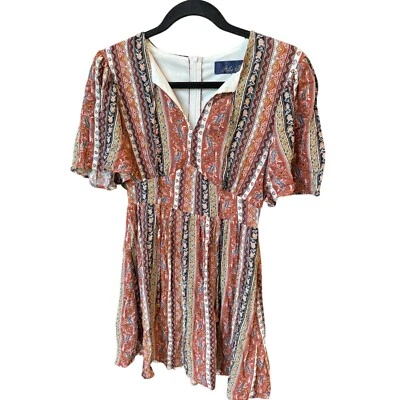 Blue Rain Boho Mini Dress V Neck Short Sleeve Striped XS - Image 1 of 4