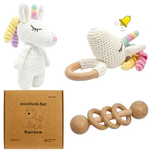 Handgestrickter Einhorn Rainbow Set Babyrassel Holz Baumwolle 16 cm - Bild 1 von 12