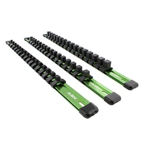ABN Green Aluminum Socket Organizer Holder Rail 3pc and Clips 1/4" 3/8” 1/2"