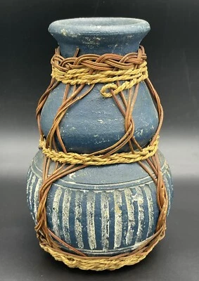 Vtg Large Handmade Blue Terracotta Rattan Vase Pottery Jar Console Table Decor - Image 1 of 4