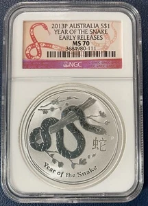 2013 NGC MS70 Australia 1 Oz Silver Lunar Year of the Snake $1 Coin Bullion ER - Picture 1 of 5